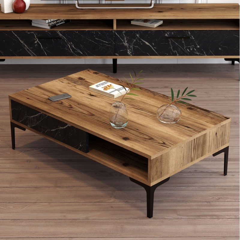 COFFEE TABLE FK9503.04 MELAMINE WALNUT-BLACK MARBLE LOOK & METAL LEGS 105x60x32.6Hcm. COFFEE TABLE FK9503.04 MELAMINE WALNUT-BLACK MARBLE LOOK & METAL LEGS 105x60x32.6Hcm.