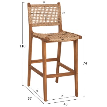 BAR STOOL WITH BACKREST NESHA FK9788 TEAK WOOD IN NATURAL-BEIGE ROPE 45x57x110Hcm.