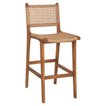 BAR STOOL WITH BACKREST NESHA FK9788 TEAK WOOD IN NATURAL-BEIGE ROPE 45x57x110Hcm.