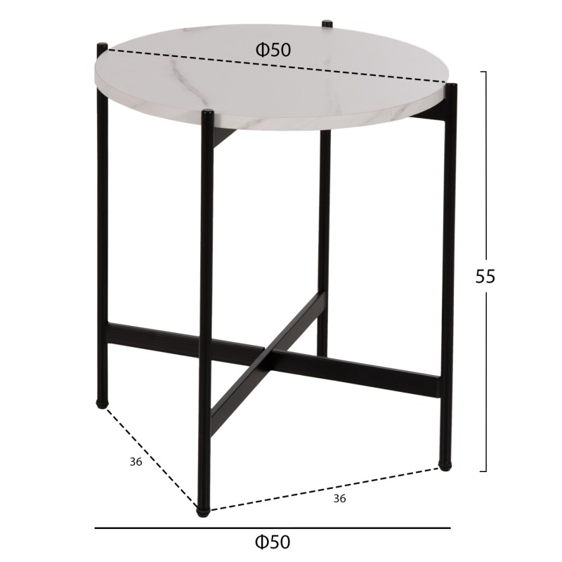 SIDE TABLE FK9589.05 MDF WHITE MARBLE-BLACK METAL BASE Φ50x55Hcm. SIDE TABLE FK9589.05 MDF WHITE MARBLE-BLACK METAL BASE Φ50x55Hcm.