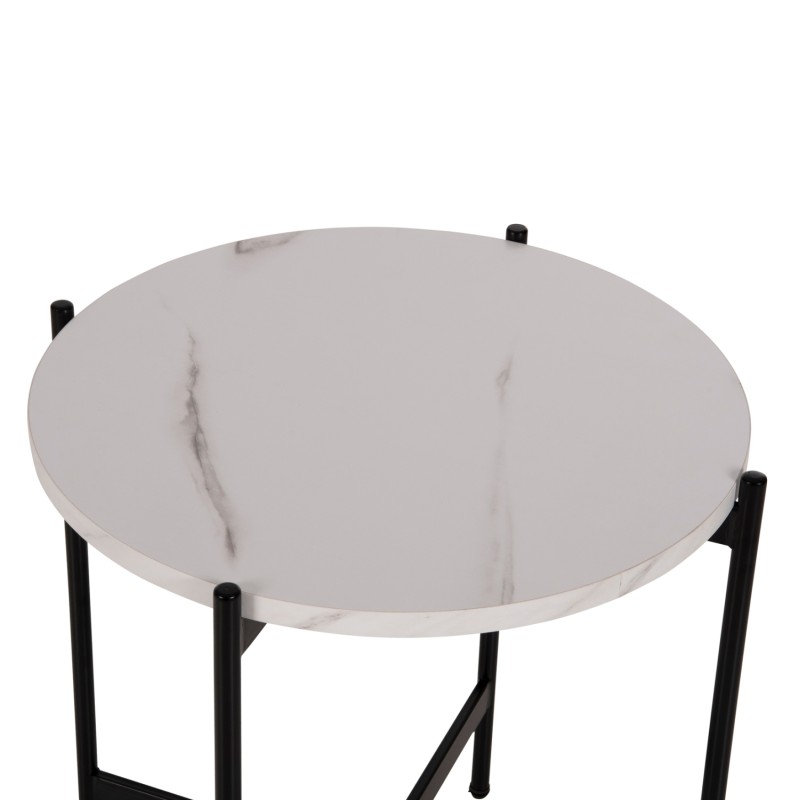 SIDE TABLE FK9589.05 MDF WHITE MARBLE-BLACK METAL BASE Φ50x55Hcm. SIDE TABLE FK9589.05 MDF WHITE MARBLE-BLACK METAL BASE Φ50x55Hcm.