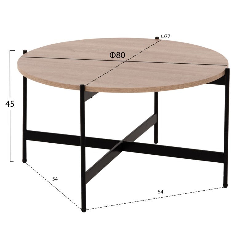 COFFEE TABLE FK9588.03 MDF SONOMA TABLETOP-BLACK METAL BASE Φ80x45Hcm. COFFEE TABLE FK9588.03 MDF SONOMA TABLETOP-BLACK METAL BASE Φ80x45Hcm.