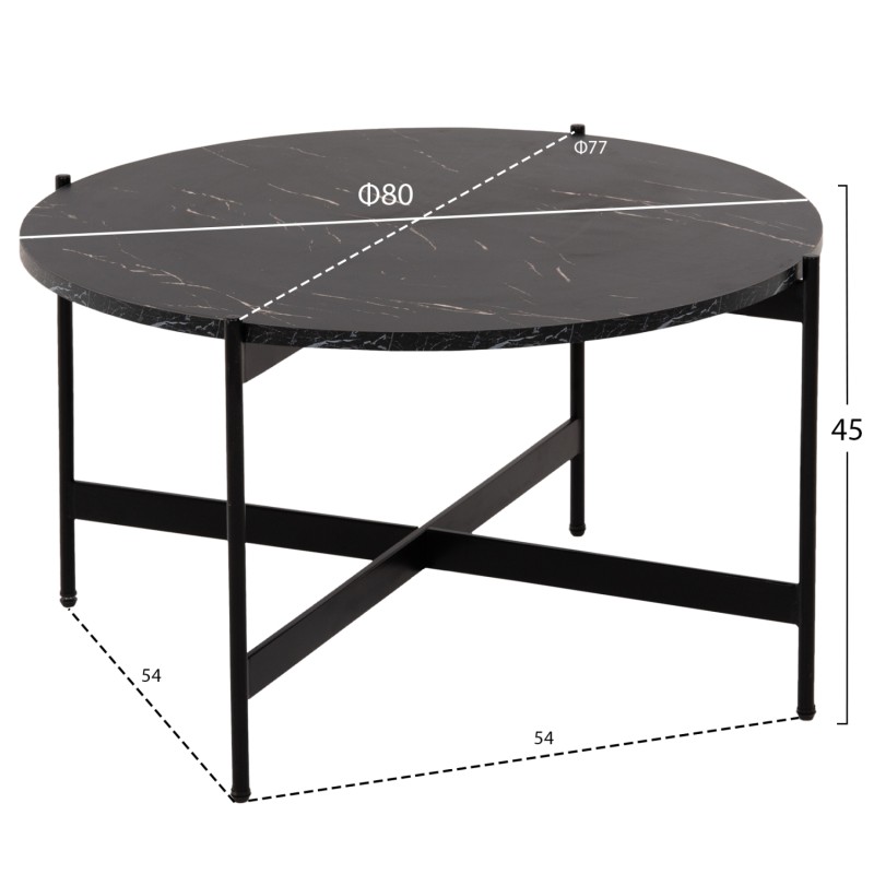 COFFEE TABLE FK9588.01 MDF BLACK MARBLE TABLETOP-BLACK METAL BASE Φ80x45Hcm. COFFEE TABLE FK9588.01 MDF BLACK MARBLE TABLETOP-BLACK METAL BASE Φ80x45Hcm.