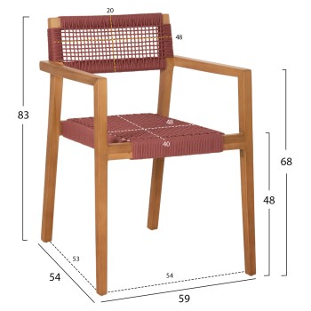 ARMCHAIR CHARLOTTE FK9637.06 TEAK WOOD & PINK ROPE--B'RATED 59x54x83Hcm. ARMCHAIR CHARLOTTE FK9637.06 TEAK WOOD & PINK ROPE--B'RATED 59x54x83Hcm.