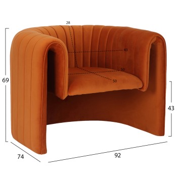 ARMCHAIR RIKER FK9682.05 METAL FRAME-ORANGE VELVET 92x74x69Hcm. ARMCHAIR RIKER FK9682.05 METAL FRAME-ORANGE VELVET 92x74x69Hcm.