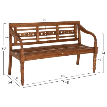 OUTDOOR BENCH FK7903 SOLID MAHOGANY WOOD IN NATURAL WITH BACKREST AND ARMS 148x54x90Hcm.