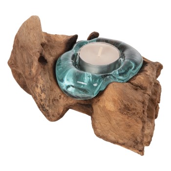TABLE DECOR FK4283 CANDLE BASE-1 SPOT-SOLID TEAK WOOD AND GLASS-NATURAL
