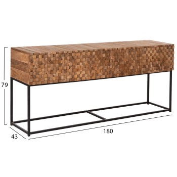 CONSOLE WITH DRAWERS JORDI FK9801 TEAK WOOD IN NATURAL-BLACK METAL BASE 180x43x79Hcm.