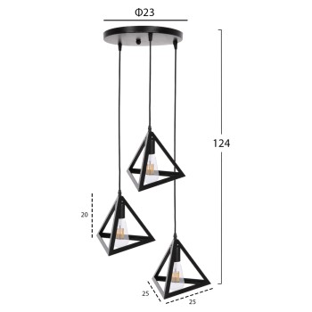 CEILING PENDANT LAMP FK4182 3 BLACK METAL CAPS PYRAMID Φ23x124Hcm. CEILING PENDANT LAMP FK4182 3 BLACK METAL CAPS PYRAMID Φ23x124Hcm.