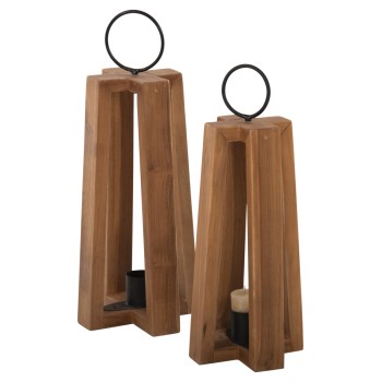 LANTERNS FOR CANDLES WITH RING HANDLES FK4276 TEAK WOOD IN NATURAL 24x24x50-61H cm.