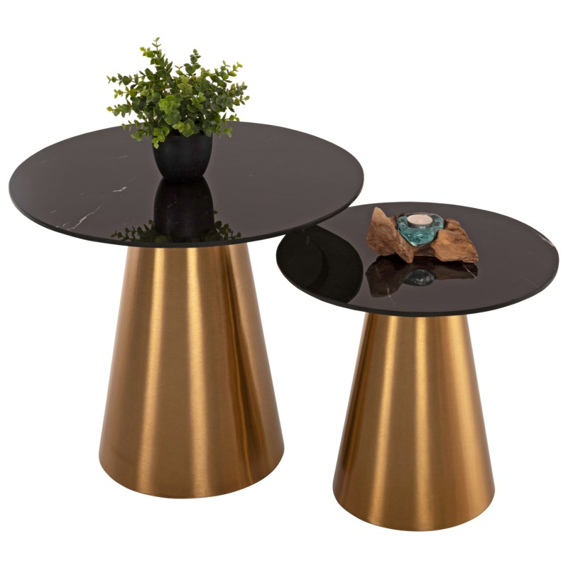 SIDE TABLES 2PCS RENGI FK9665 METAL IN GOLD-BLACK CERAMIC TOP Φ56&Φ43 cm.
