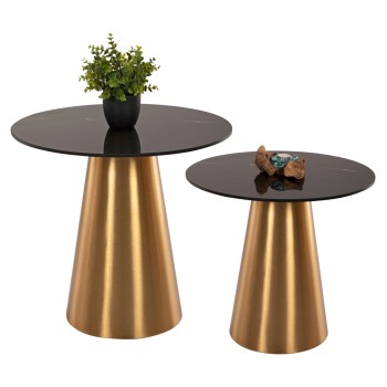 SIDE TABLES 2PCS RENGI FK9665 METAL IN GOLD-BLACK CERAMIC TOP Φ56&Φ43 cm.