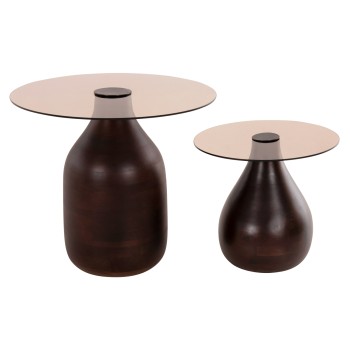 SIDE TABLES 2PCS CHANG FK9668 MANGO WOOD IN BROWN-GLASS TOP Φ55x49,5H & Φ40x36,5H cm.