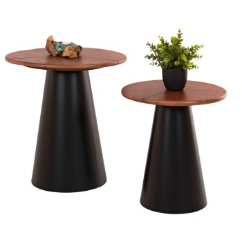 SIDE TABLES 2PCS SUNNI FK9669 BLACK METAL-WALNUT COLORED MANGO TOP Φ48,5 & Φ39,5 cm.