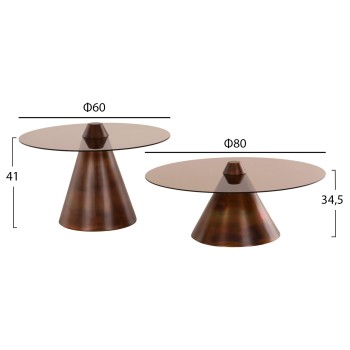 COFFEE TABLES 2PCS REBEN FK9676 METAL IN BURNED COPPER-SMOKE GLASS TOP Φ80 & Φ60 cm. COFFEE TABLES 2PCS REBEN FK9676 METAL IN BURNED COPPER-SMOKE GLASS TOP Φ80 & Φ60 cm.
