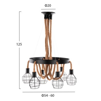 CEILING PENDANT LAMP FK4130 6-LIGHT BLACK METAL-ROPE Φ54-60x125Hcm. CEILING PENDANT LAMP FK4130 6-LIGHT BLACK METAL-ROPE Φ54-60x125Hcm.