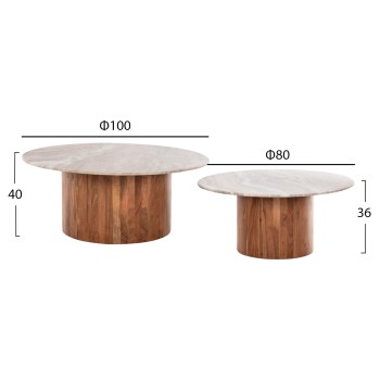 COFFEE TABLES 2PCS FORMEL FK11915 ACACIA WOOD IN NATURAL-WHITE MARBLE TOP Φ100 & Φ80 cm.