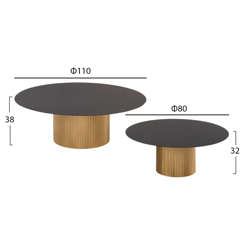 COFFEE TABLES 2PCS CLAD FK11916 METAL IN GOLD-BLACK TOP Φ110x38H & Φ80x32H cm.