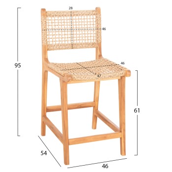 BAR STOOL WITH BACKREST NESHA FK9381.11 TEAK WOOD & VIRO ROPE 46x48.5x96Η cm.
