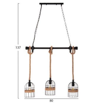 CEILING PENDANT 3-LIGHT LUMINAIRE FK4180 BLACK METAL-NATURAL HEMP ROPE 80x14,5x137Hcm. CEILING PENDANT 3-LIGHT LUMINAIRE FK4180 BLACK METAL-NATURAL HEMP ROPE 80x14,5x137Hcm.