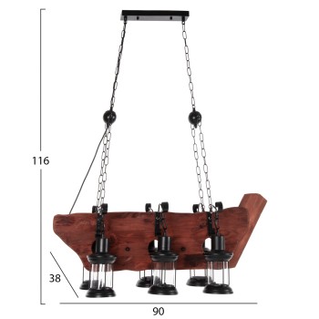 CEILING PENDANT 6-LIGHT FIXTURE FK4117 WOOD-METAL-GLASS 116Hcm. CEILING PENDANT 6-LIGHT FIXTURE FK4117 WOOD-METAL-GLASS 116Hcm.