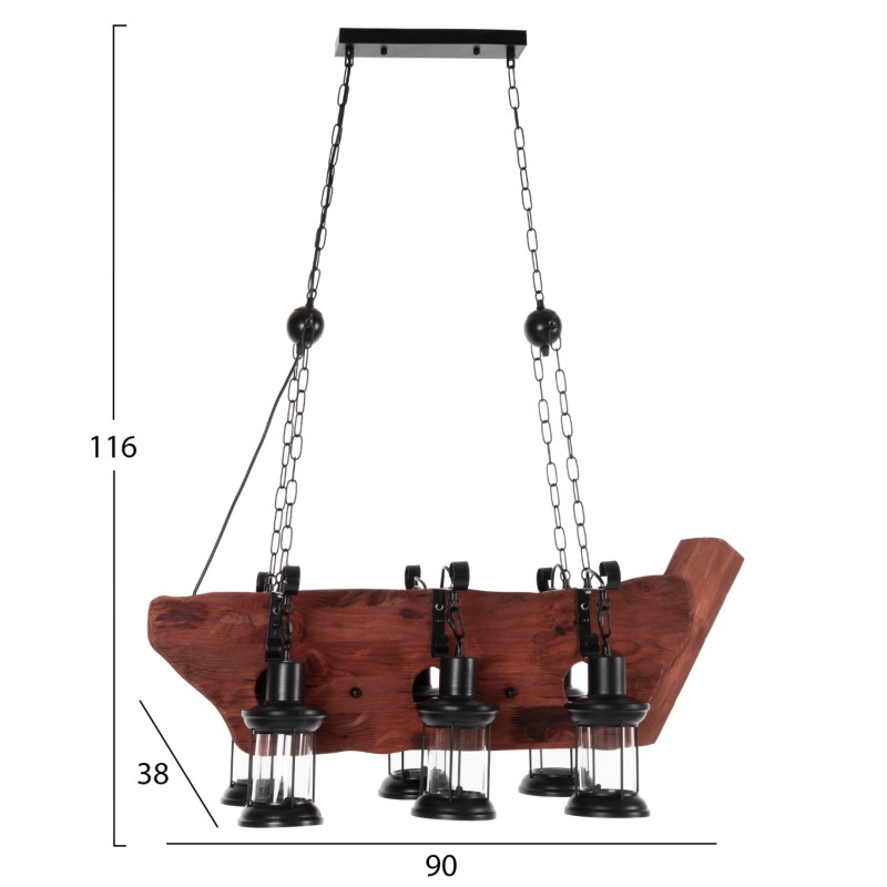 CEILING PENDANT 6-LIGHT FIXTURE FK4117 WOOD-METAL-GLASS 116Hcm. CEILING PENDANT 6-LIGHT FIXTURE FK4117 WOOD-METAL-GLASS 116Hcm.