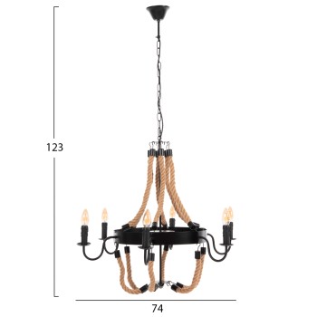 CEILING PENDANT FIXTURE FK4177 6-LIGHT WITH ROPE AND BLACK METAL 74x74x123Hcm.