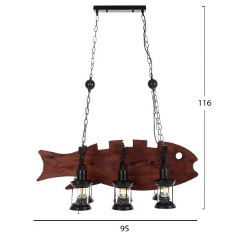 CEILING PENDANT 6-LIGHT FK4118 WOODEN FISH-BLACK METAL-GLASS 95x35x116H cm. CEILING PENDANT 6-LIGHT FK4118 WOODEN FISH-BLACK METAL-GLASS 95x35x116H cm.