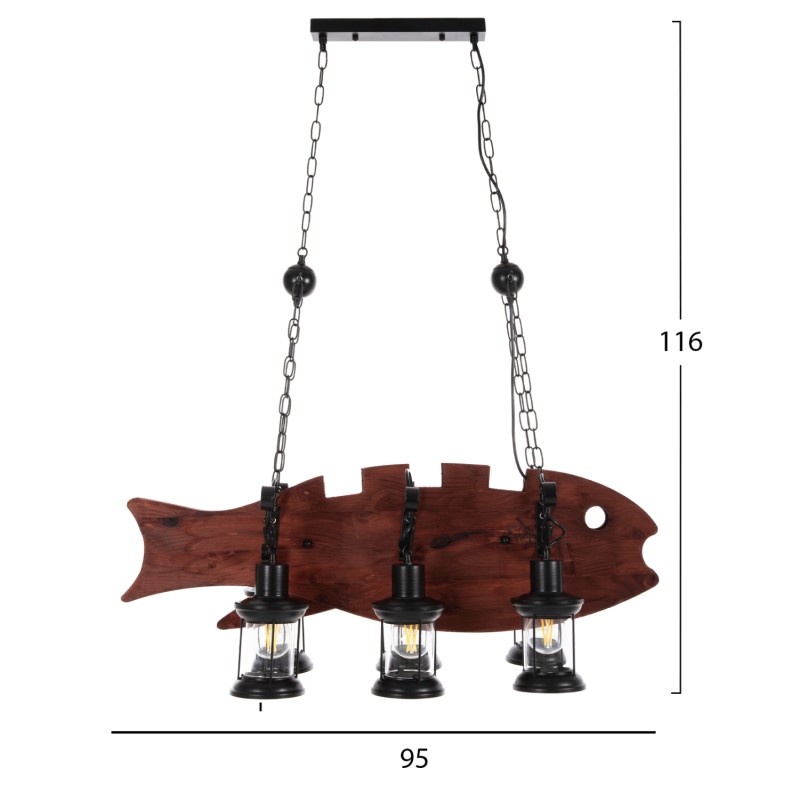 CEILING PENDANT 6-LIGHT FK4118 WOODEN FISH-BLACK METAL-GLASS 95x35x116H cm. CEILING PENDANT 6-LIGHT FK4118 WOODEN FISH-BLACK METAL-GLASS 95x35x116H cm.