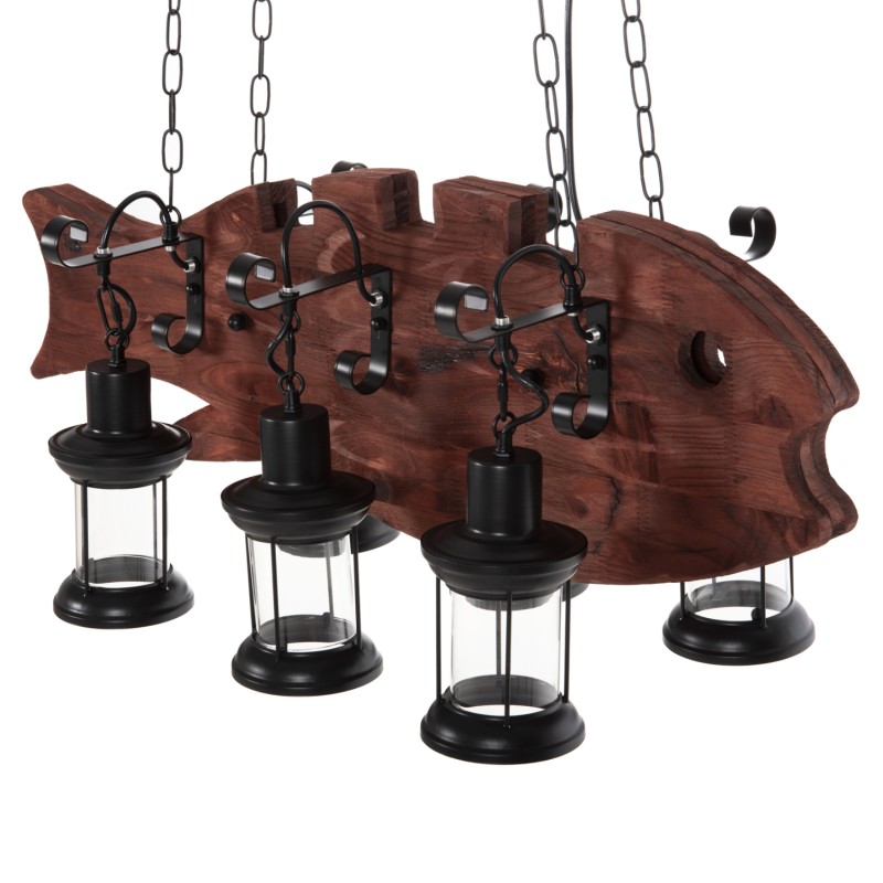CEILING PENDANT 6-LIGHT FK4118 WOODEN FISH-BLACK METAL-GLASS 95x35x116H cm. CEILING PENDANT 6-LIGHT FK4118 WOODEN FISH-BLACK METAL-GLASS 95x35x116H cm.