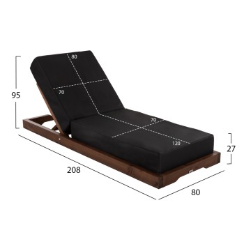 BEACH LOUNGER IKARIA LOW FK10622.01 PINE WOOD IN WALNUT COLOR-BLACK TEXTILENE-CUSHION 20cm THICK