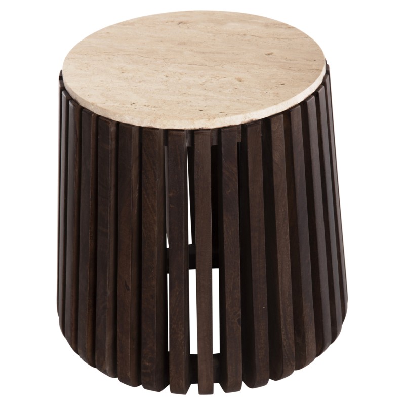 SIDE TABLE KREST FK9711 ACACIA WOOD IN LIGHT BROWN-WHITE TRAVERTINE Φ50x50Hcm.