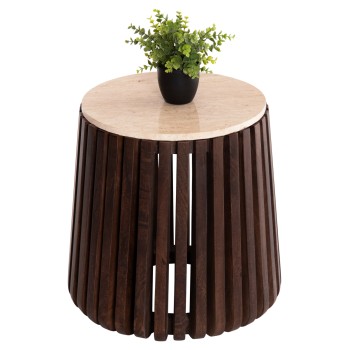 SIDE TABLE KREST FK9711 ACACIA WOOD IN LIGHT BROWN-WHITE TRAVERTINE Φ50x50Hcm.