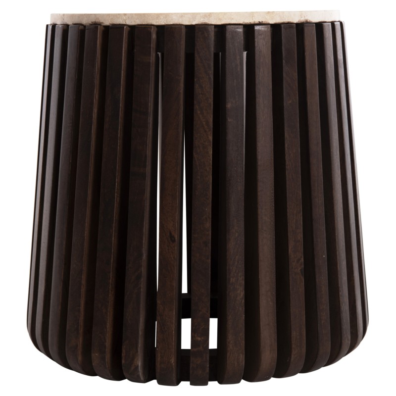 SIDE TABLE KREST FK9711 ACACIA WOOD IN LIGHT BROWN-WHITE TRAVERTINE Φ50x50Hcm.
