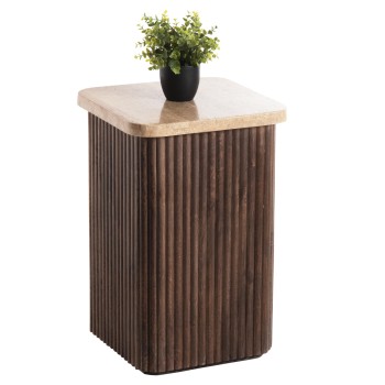 SIDE TABLE SQUARE GLADYS FK9713 SOLID MANGO WOOD-WHITE TRAVERTINE 40x40x60Hcm.