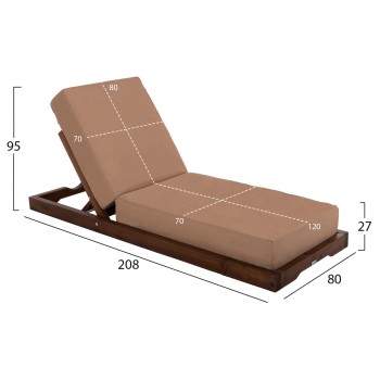 BEACH LOUNGER LOW IKARIA FK10622.04 PINE WOOD IN WALNUT COLOR-MOCHA TEXTILENE-CUSHION 20cm THICK