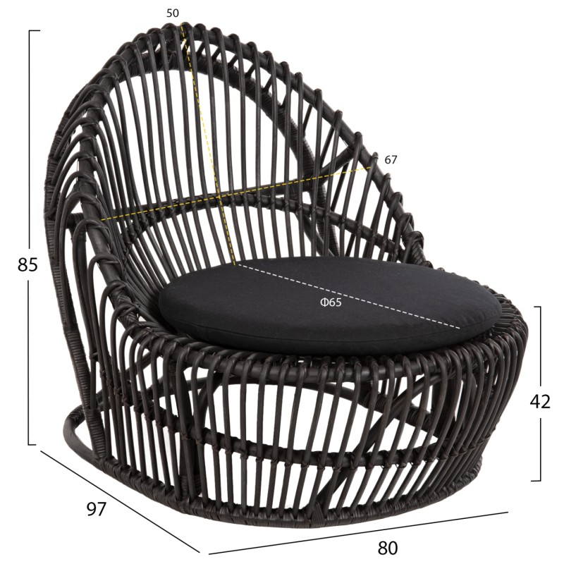 ARMCHAIR ENTROPY FK9840.03 NATURAL POLISHED RATTAN WITH CUSHION-BLACK 80x97x85Hcm. ARMCHAIR ENTROPY FK9840.03 NATURAL POLISHED RATTAN WITH CUSHION-BLACK 80x97x85Hcm.