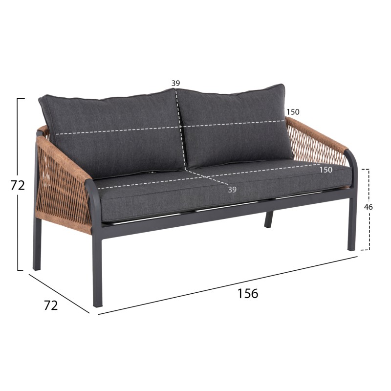 OUTDOOR SOFA 3-SEATER MAERLY FK6055.03 ALUMINUM IN ANTHRACITE-DARK BEIGE SYNTHETIC ROPE-ANTHRACITE CUSHIONS OUTDOOR SOFA 3-SEATER MAERLY FK6055.03 ALUMINUM IN ANTHRACITE-DARK BEIGE SYNTHETIC ROPE-ANTHRACITE CUSHIONS
