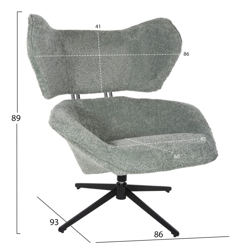 ARMCHAIR SWIVEL BRYLL FK9597.05 PISTACHIO GREEN BOUCLE-BLACK METAL BASE 86x90x97Hcm.