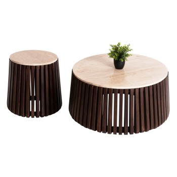 SET 2PCS COFFEE TABLES ROUND KREST FK11958 SOLID ACACIA WOOD-TRAVERTINE Φ90 & Φ50cm.