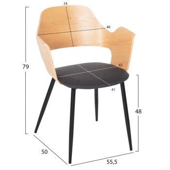 DINING CHAIR VELP FK9616.02 WOOD IN NATURAL-GREY FABRIC-BLACK METAL LEGS 55,5x50x79Hcm.