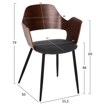 DINING CHAIR VELP FK9616.04 WOOD IN WALNUT-GREY FABRIC-BLACK METAL LEGS 55,5x50x79Hcm.