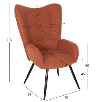 ARMCHAIR WITH FOOTSTOOL CRAWLEY FK8918.22 ORANGE BOUCLE FABRIC-BLACK METAL LEGS 70x74x105Hcm. ARMCHAIR WITH FOOTSTOOL CRAWLEY FK8918.22 ORANGE BOUCLE FABRIC-BLACK METAL LEGS 70x74x105Hcm.