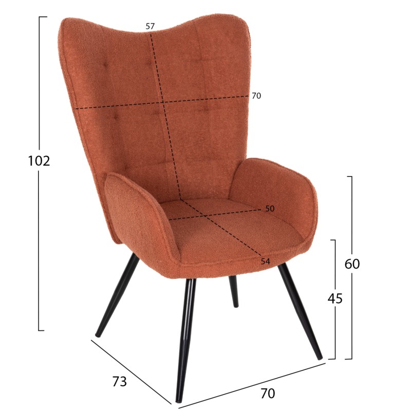 ARMCHAIR WITH FOOTSTOOL CRAWLEY FK8918.22 ORANGE BOUCLE FABRIC-BLACK METAL LEGS 70x74x105Hcm.