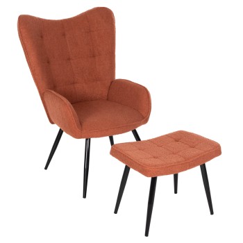 ARMCHAIR WITH FOOTSTOOL CRAWLEY FK8918.22 ORANGE BOUCLE FABRIC-BLACK METAL LEGS 70x74x105Hcm.