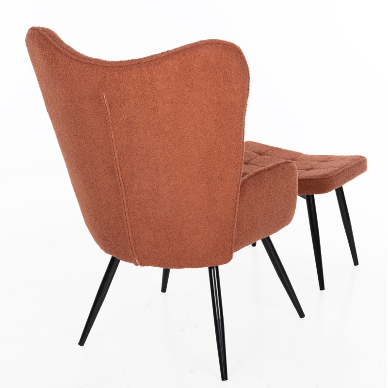 ARMCHAIR WITH FOOTSTOOL CRAWLEY FK8918.22 ORANGE BOUCLE FABRIC-BLACK METAL LEGS 70x74x105Hcm.