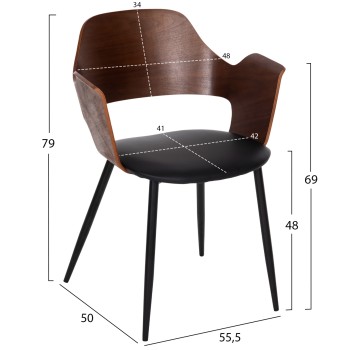 DINING CHAIR VELP FK9616.03 WOOD IN WALNUT-BLACK PU-BLACK METAL LEGS 55,5x50x79Hcm.