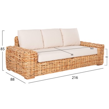 OUTDOOR SOFA 3-SEATER TROPEL FK9808 MANGO WOOD-RATTAN NATURAL COLOR-WHITE CUSHIONS 216x88x70-85Hcm. OUTDOOR SOFA 3-SEATER TROPEL FK9808 MANGO WOOD-RATTAN NATURAL COLOR-WHITE CUSHIONS 216x88x70-85Hcm.