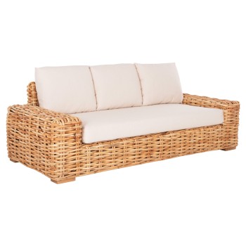 OUTDOOR SOFA 3-SEATER TROPEL FK9808 MANGO WOOD-RATTAN NATURAL COLOR-WHITE CUSHIONS 216x88x70-85Hcm.