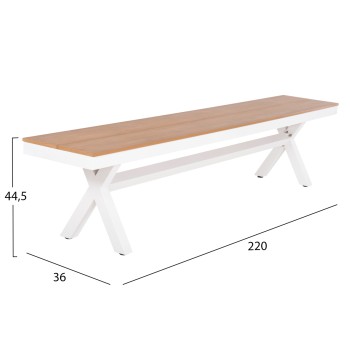 ALUMINUM BENCH TAWNEE FK6040.02 WHITE WITH POLYWOOD SEAT IN NATURAL WOOD COLOR 220x36x44,5Hcm. ALUMINUM BENCH TAWNEE FK6040.02 WHITE WITH POLYWOOD SEAT IN NATURAL WOOD COLOR 220x36x44,5Hcm.